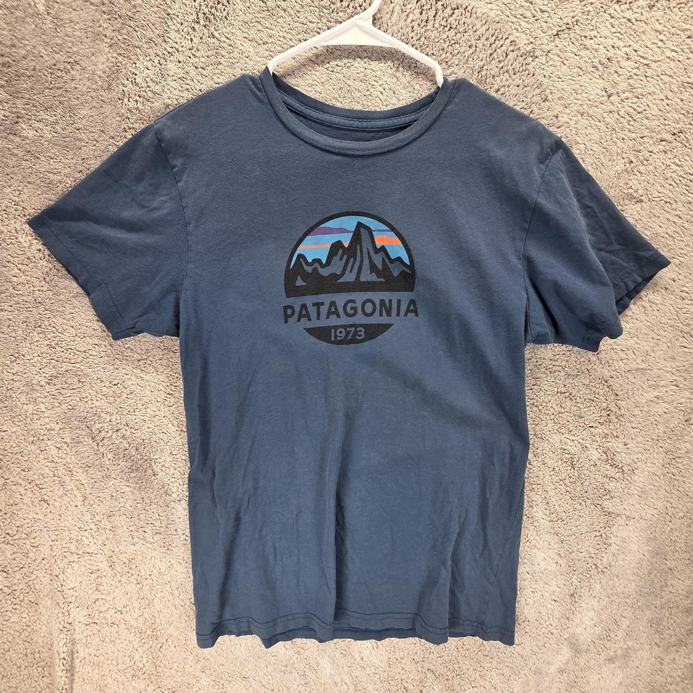 Patagonia Shirt Mens Medium Blue 1973 Logo Slim Fitz Roy Scope Organic USA
